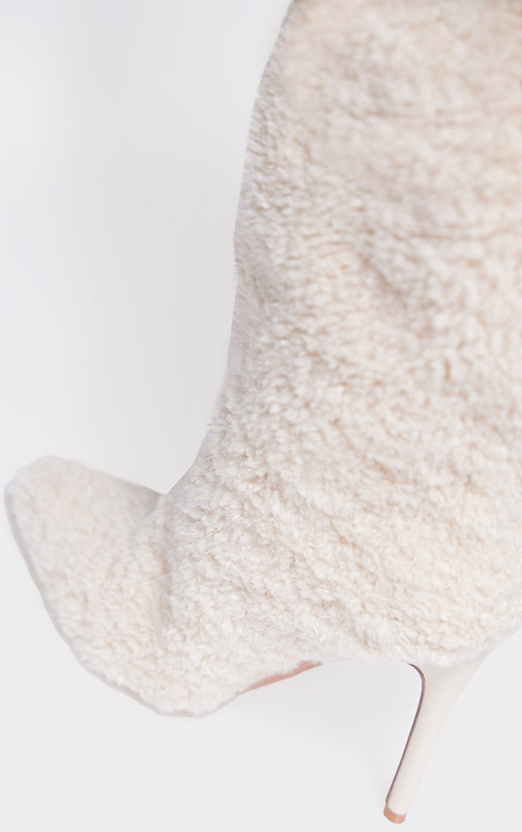 Cream Borg Point Toe High Stiletto Knee High Boots