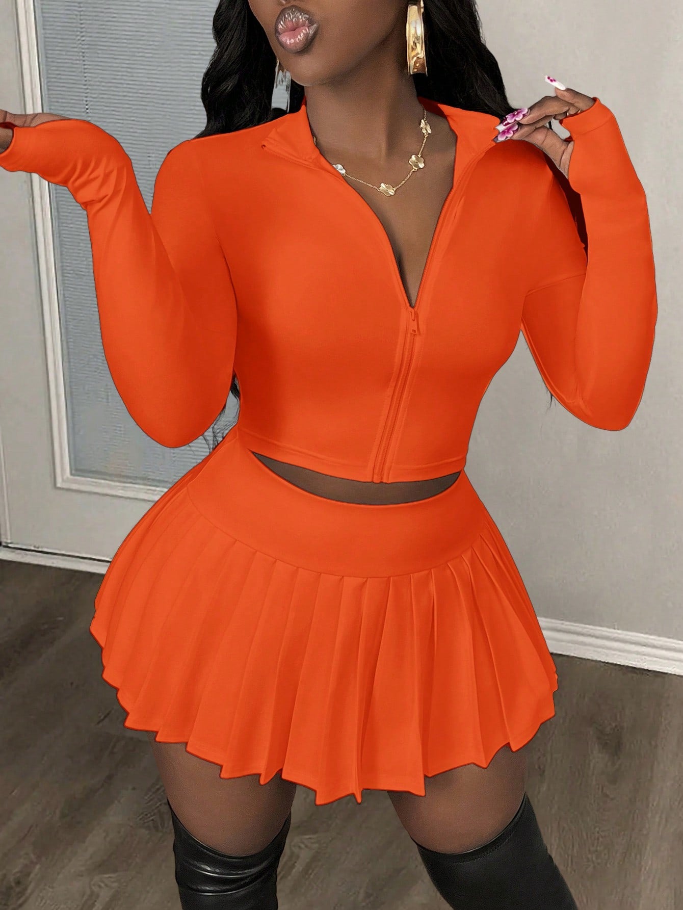 Women Casual V-Neck Zip Up Blouse And Pleated A-Line Skirt Tennis Suit Set