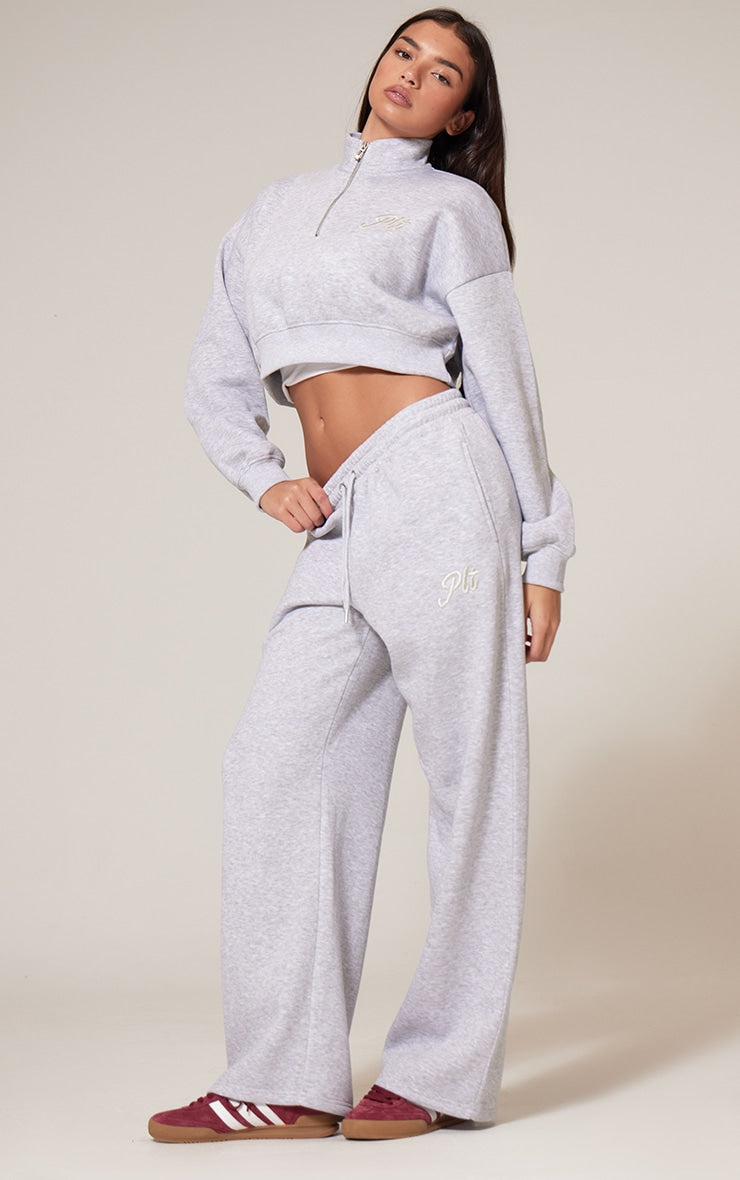 Grey Marl Tonal Embroidered Cropped Half Zip Sweatshirt