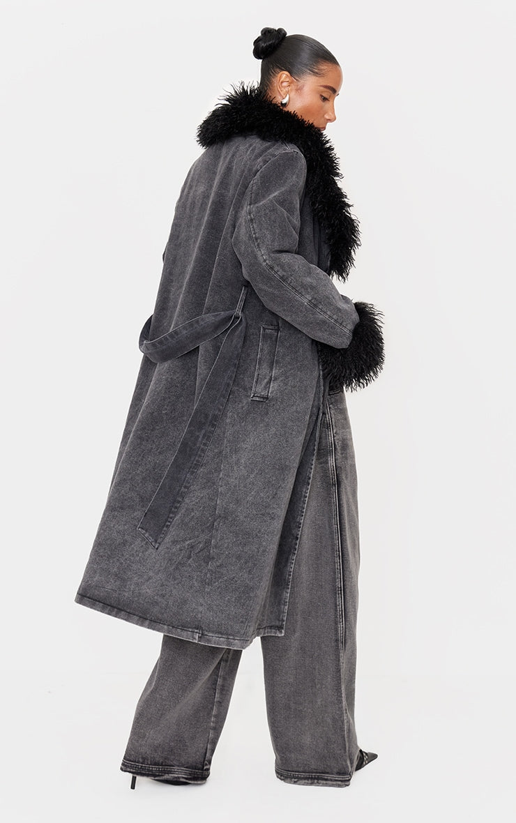 Washed Grey Faux Fur Trim Belted Trench Coat