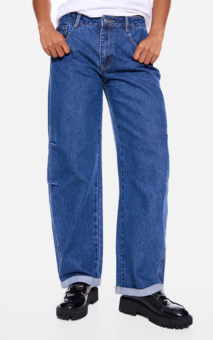 Mid Blue Wash Turn Up Hem Barrel Style Jeans