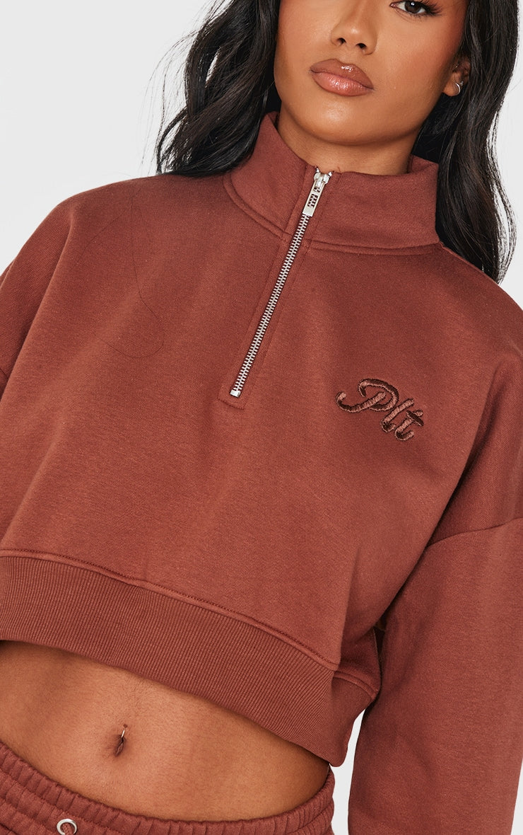 Grey Marl Tonal Embroidered Cropped Half Zip Sweatshirt