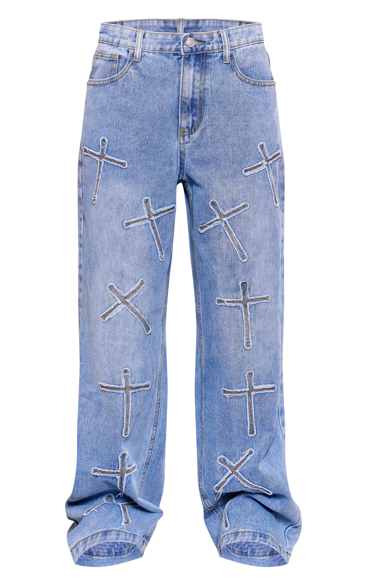 Petite Light Blue Distressed Cross Detail Straight Leg Denim Jeans