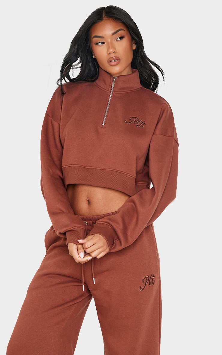 Grey Marl Tonal Embroidered Cropped Half Zip Sweatshirt