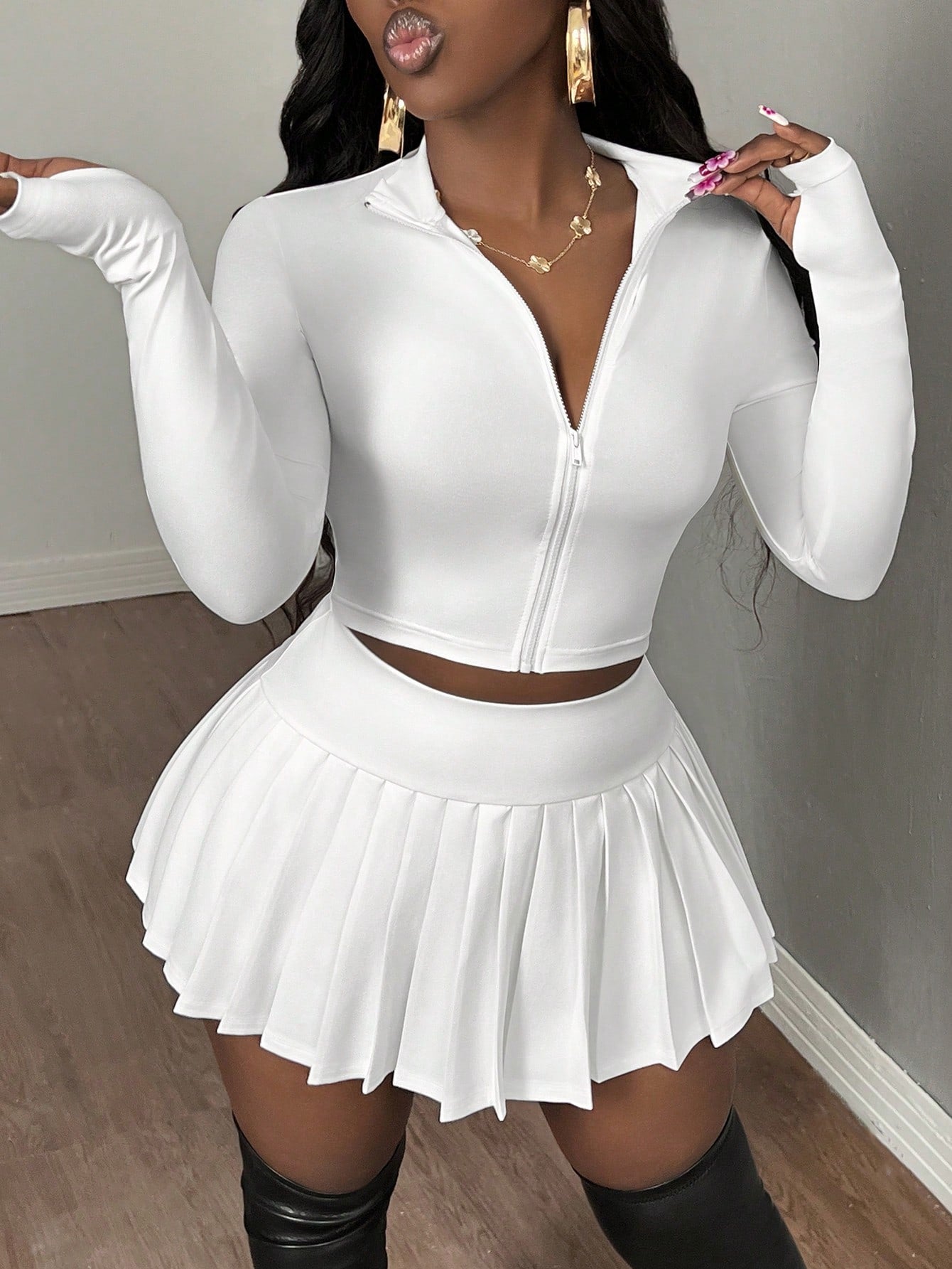 Women Casual V-Neck Zip Up Blouse And Pleated A-Line Skirt Tennis Suit Set