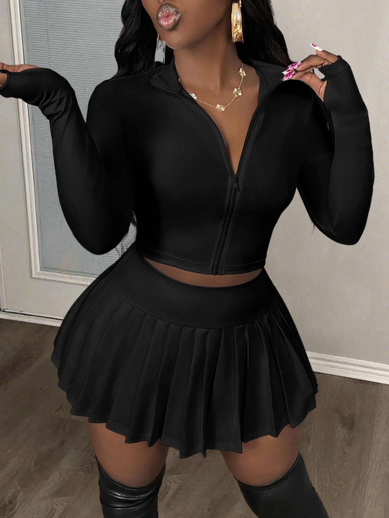 Women Casual V-Neck Zip Up Blouse And Pleated A-Line Skirt Tennis Suit Set