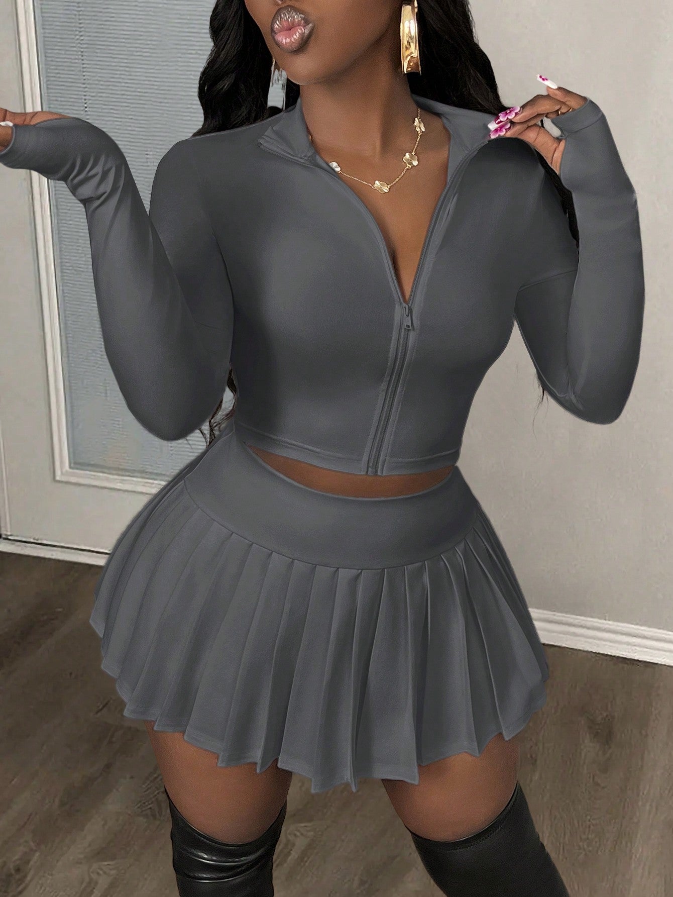 Women Casual V-Neck Zip Up Blouse And Pleated A-Line Skirt Tennis Suit Set