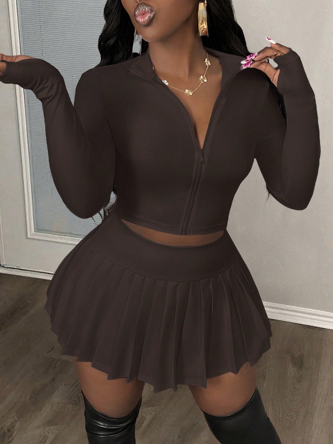 Women Casual V-Neck Zip Up Blouse And Pleated A-Line Skirt Tennis Suit Set