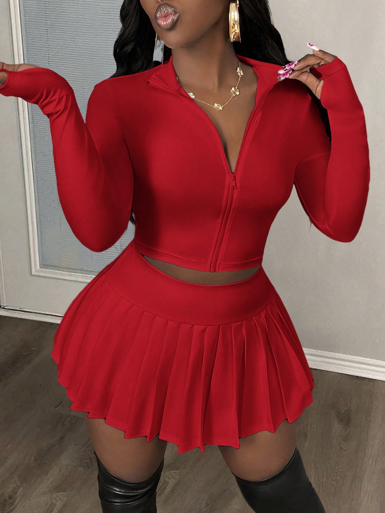 Women Casual V-Neck Zip Up Blouse And Pleated A-Line Skirt Tennis Suit Set