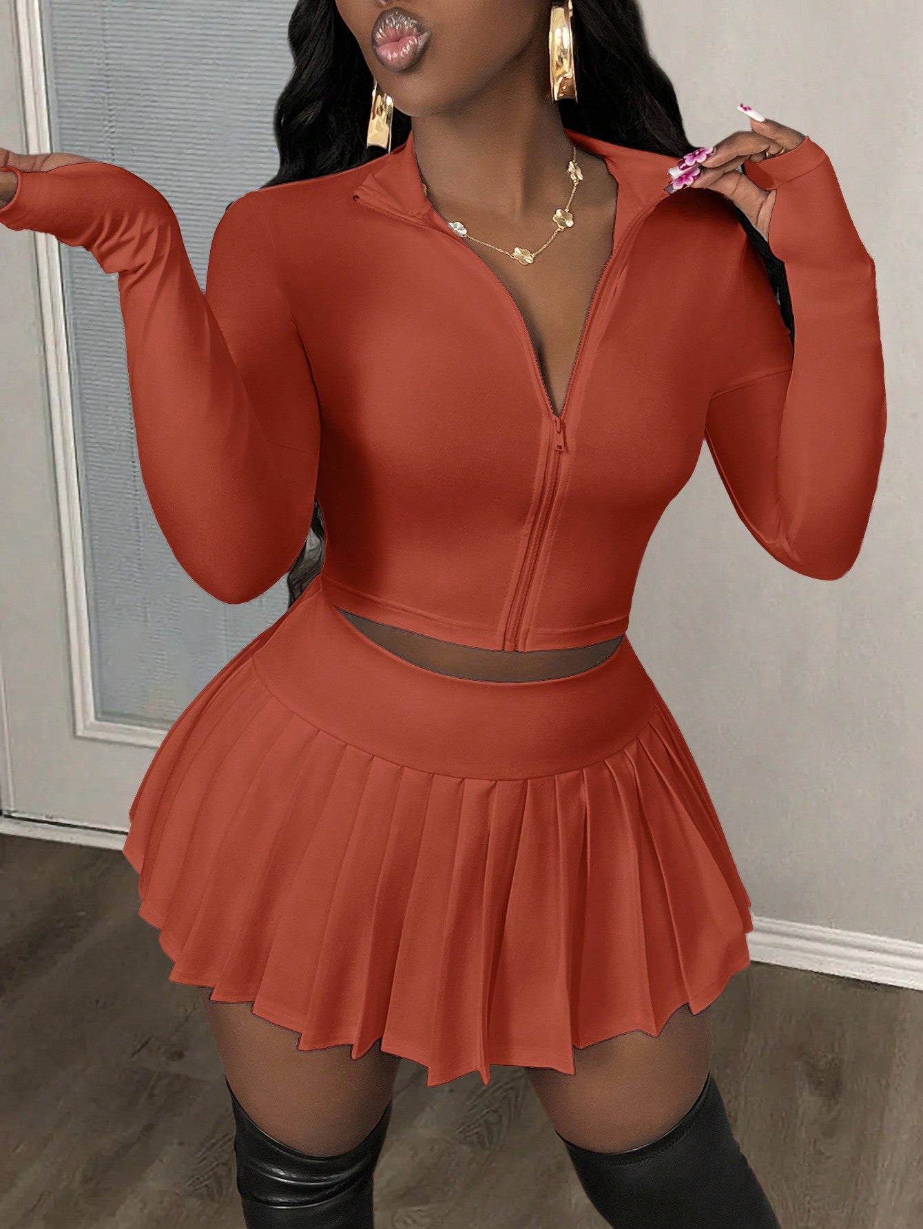 Women Casual V-Neck Zip Up Blouse And Pleated A-Line Skirt Tennis Suit Set