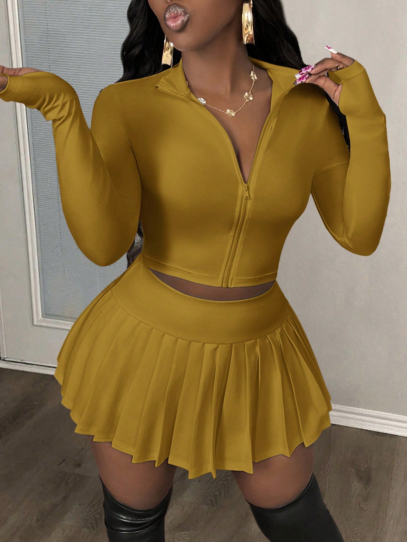 Women Casual V-Neck Zip Up Blouse And Pleated A-Line Skirt Tennis Suit Set