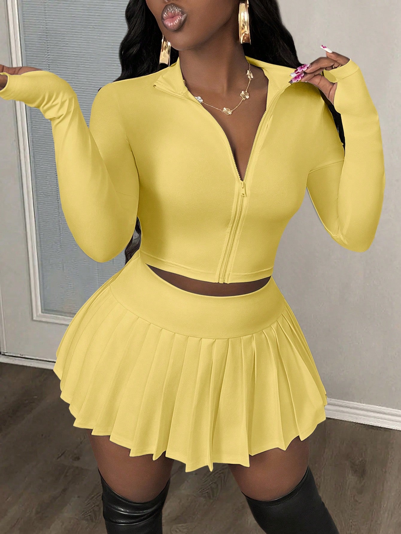 Women Casual V-Neck Zip Up Blouse And Pleated A-Line Skirt Tennis Suit Set