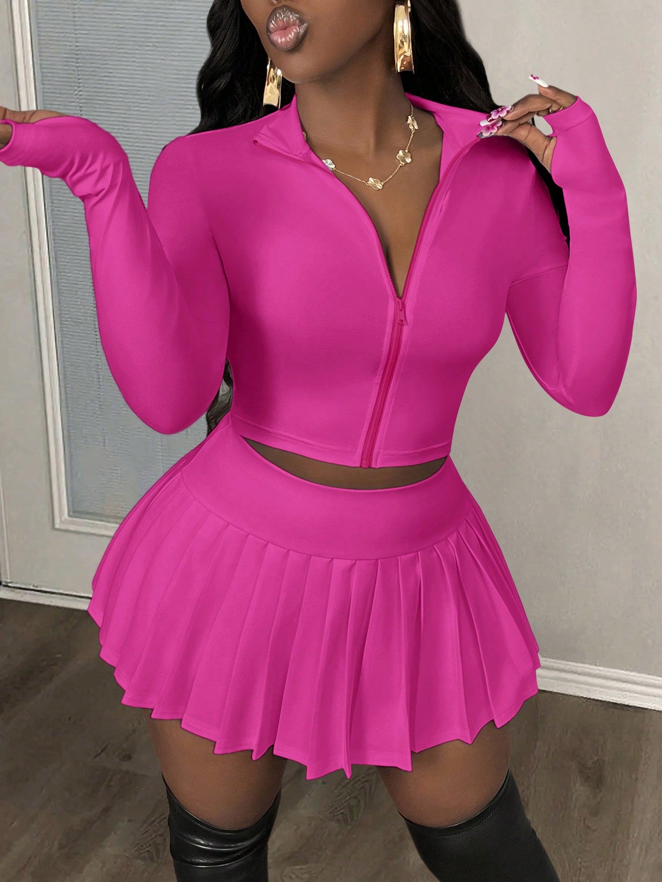 Women Casual V-Neck Zip Up Blouse And Pleated A-Line Skirt Tennis Suit Set