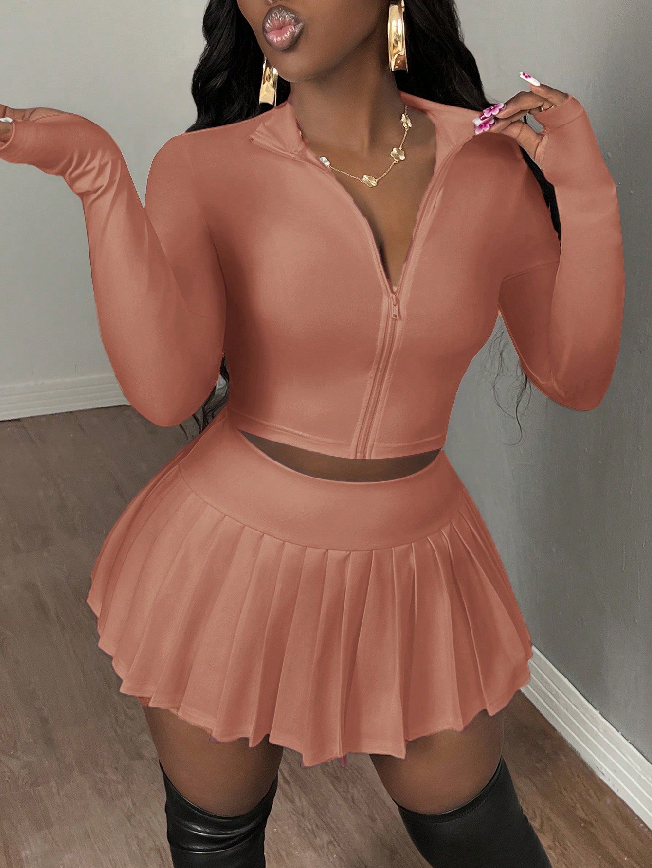 Women Casual V-Neck Zip Up Blouse And Pleated A-Line Skirt Tennis Suit Set