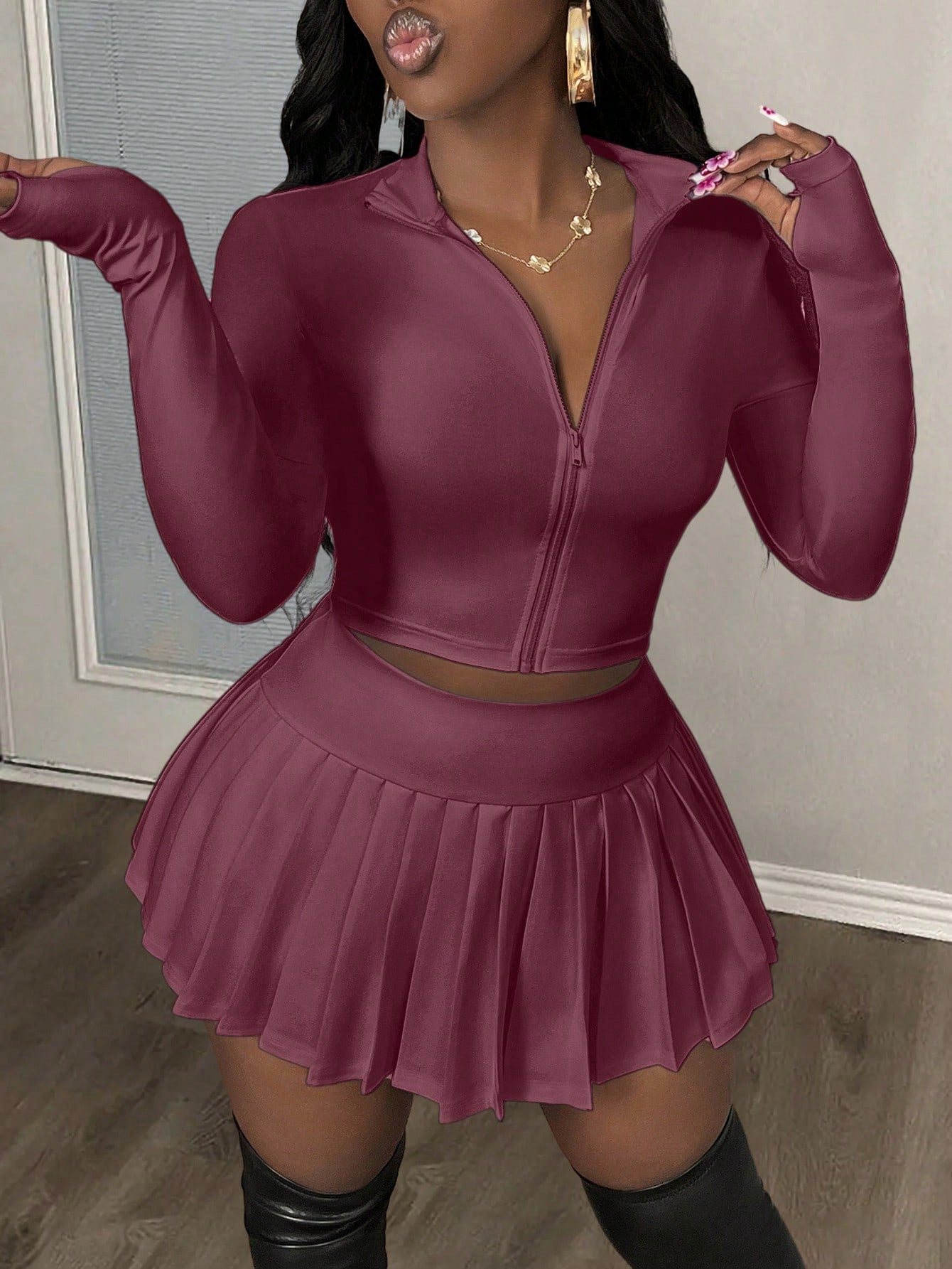 Women Casual V-Neck Zip Up Blouse And Pleated A-Line Skirt Tennis Suit Set