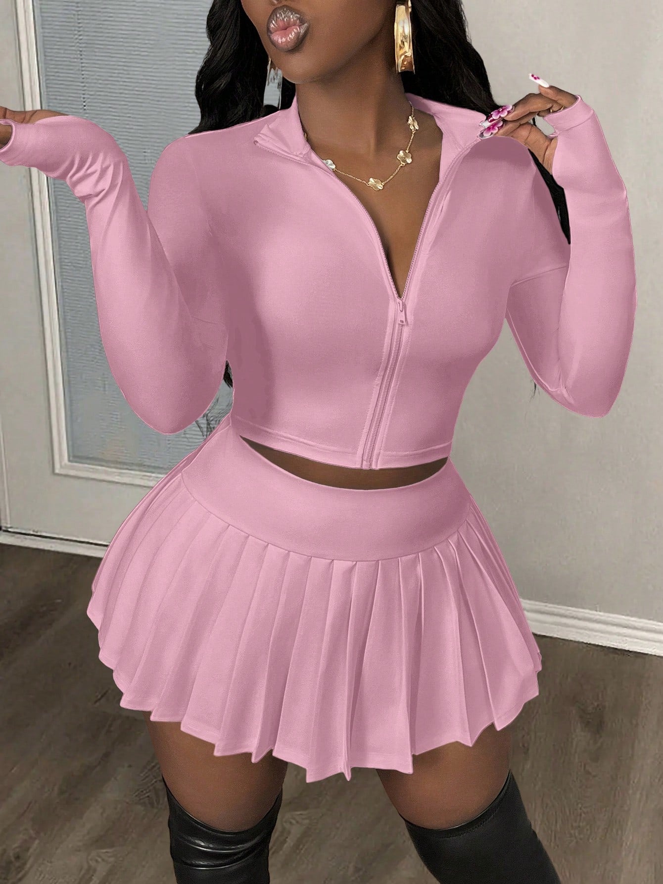 Women Casual V-Neck Zip Up Blouse And Pleated A-Line Skirt Tennis Suit Set
