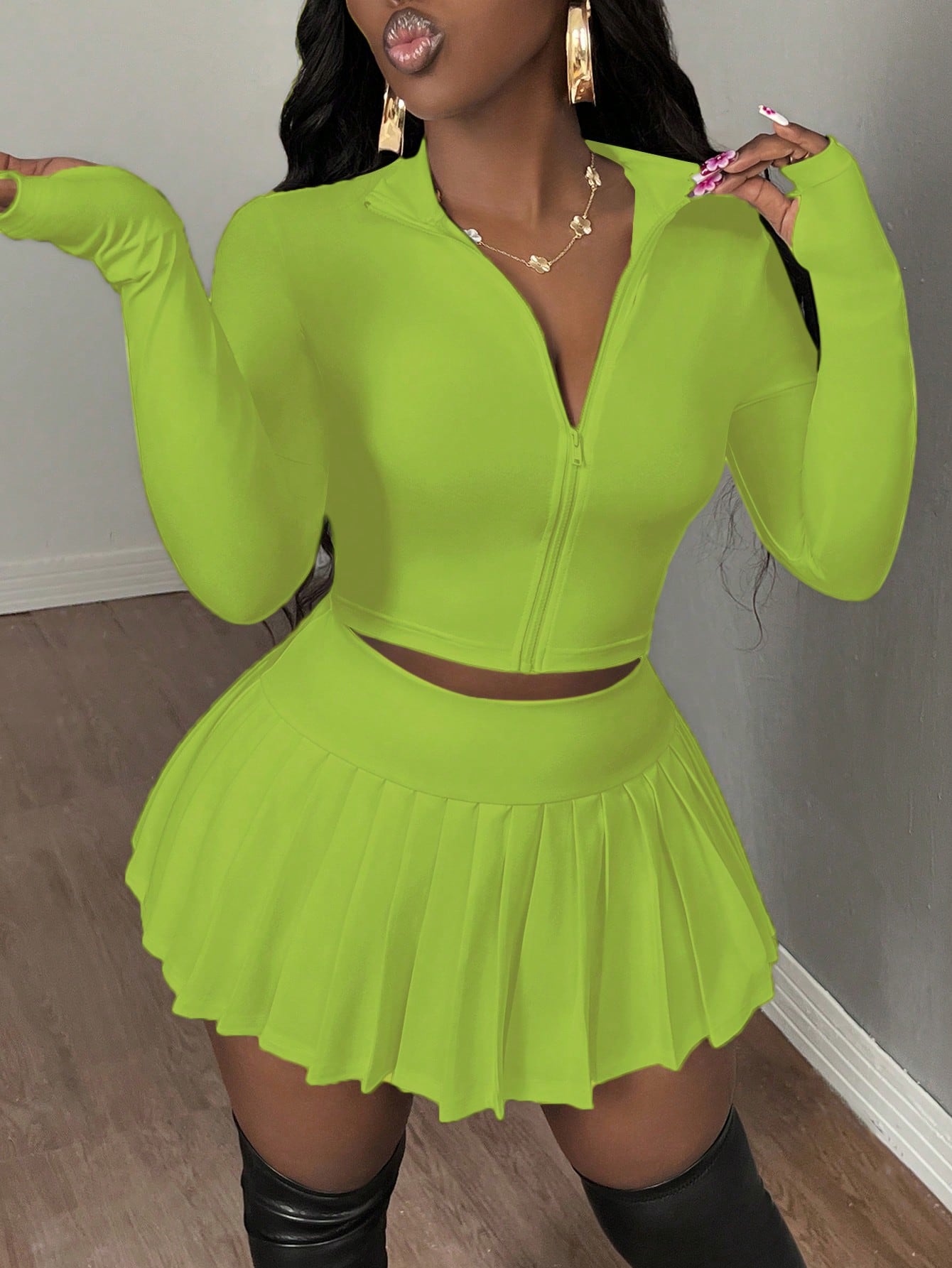 Women Casual V-Neck Zip Up Blouse And Pleated A-Line Skirt Tennis Suit Set