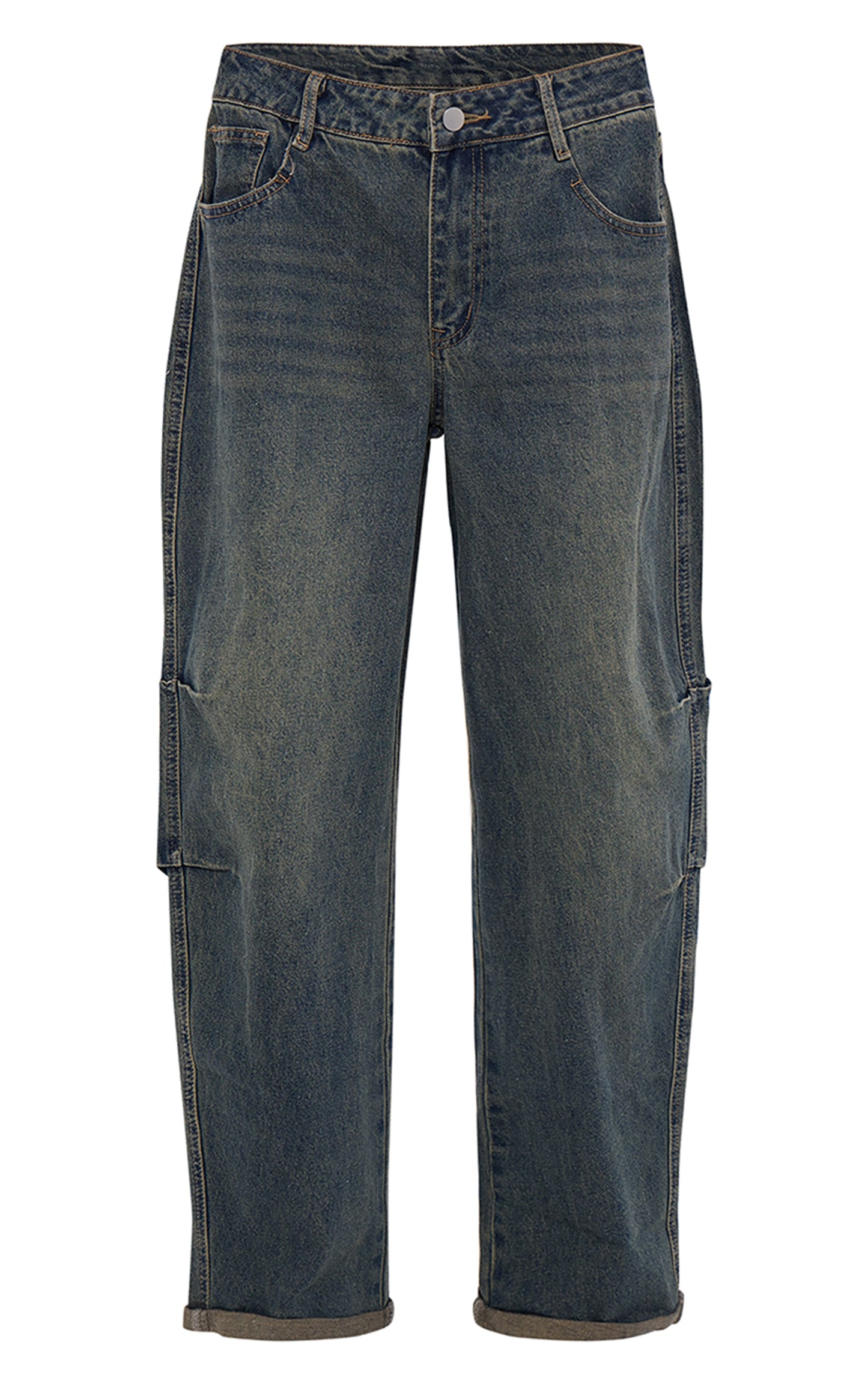 Mid Blue Wash Turn Up Hem Barrel Style Jeans
