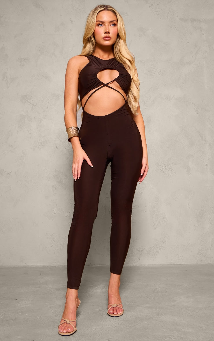 Chocolate Slinky Twist Front Racer Neck Jumpsuit