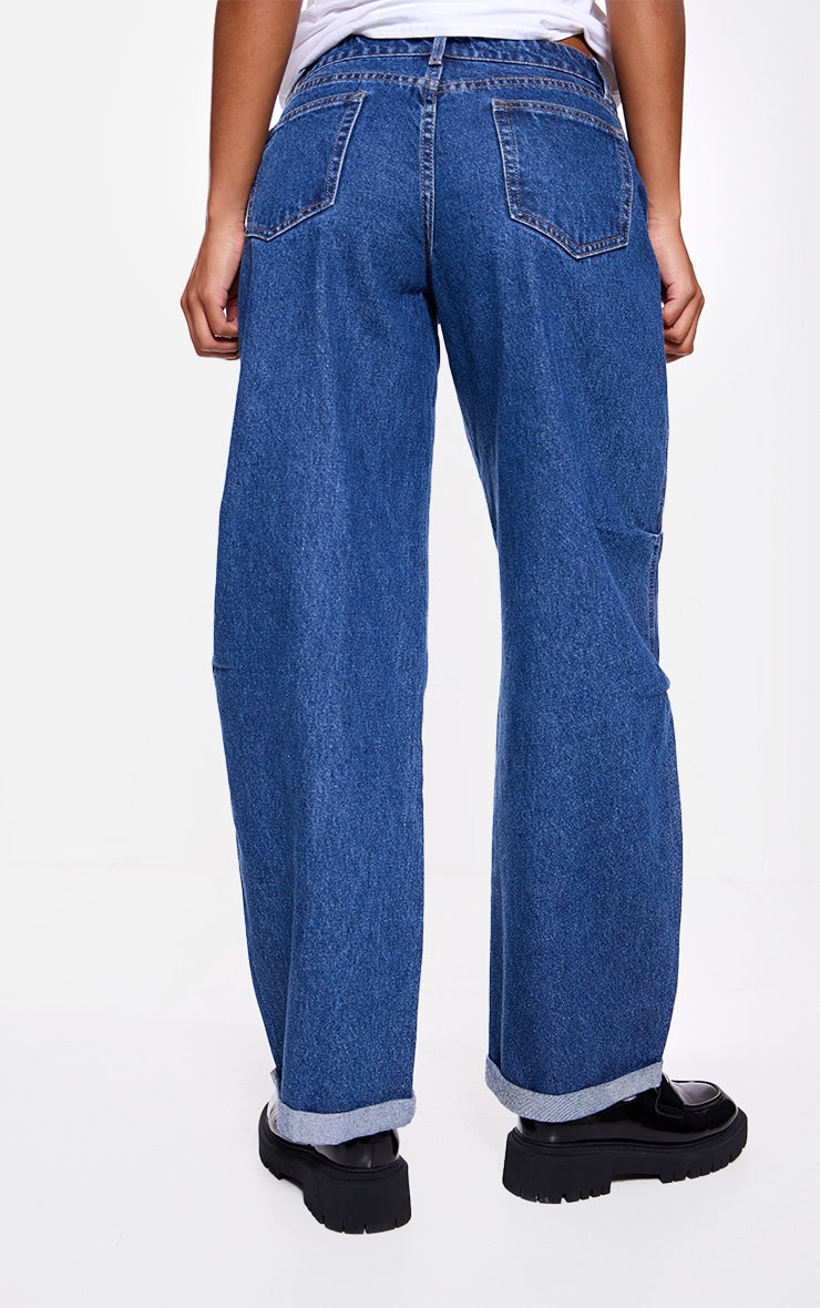 Mid Blue Wash Turn Up Hem Barrel Style Jeans