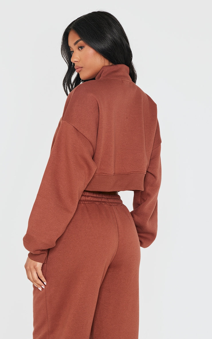 Grey Marl Tonal Embroidered Cropped Half Zip Sweatshirt