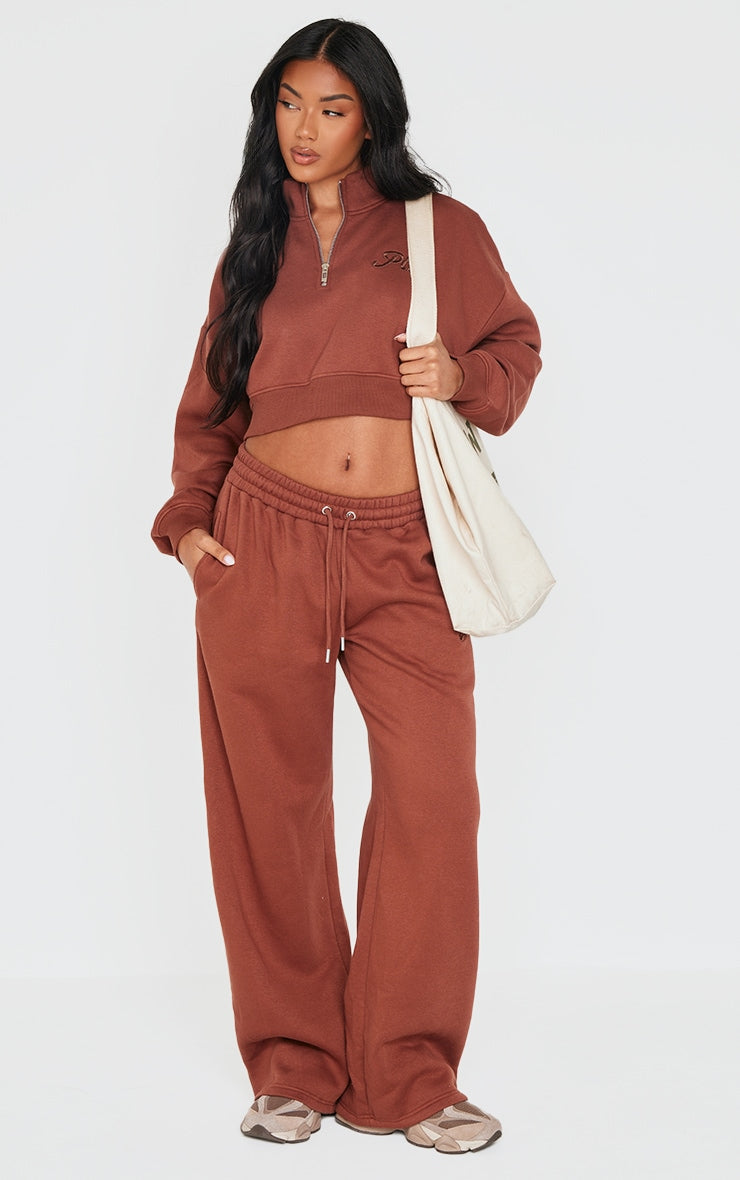 Grey Marl Tonal Embroidered Cropped Half Zip Sweatshirt