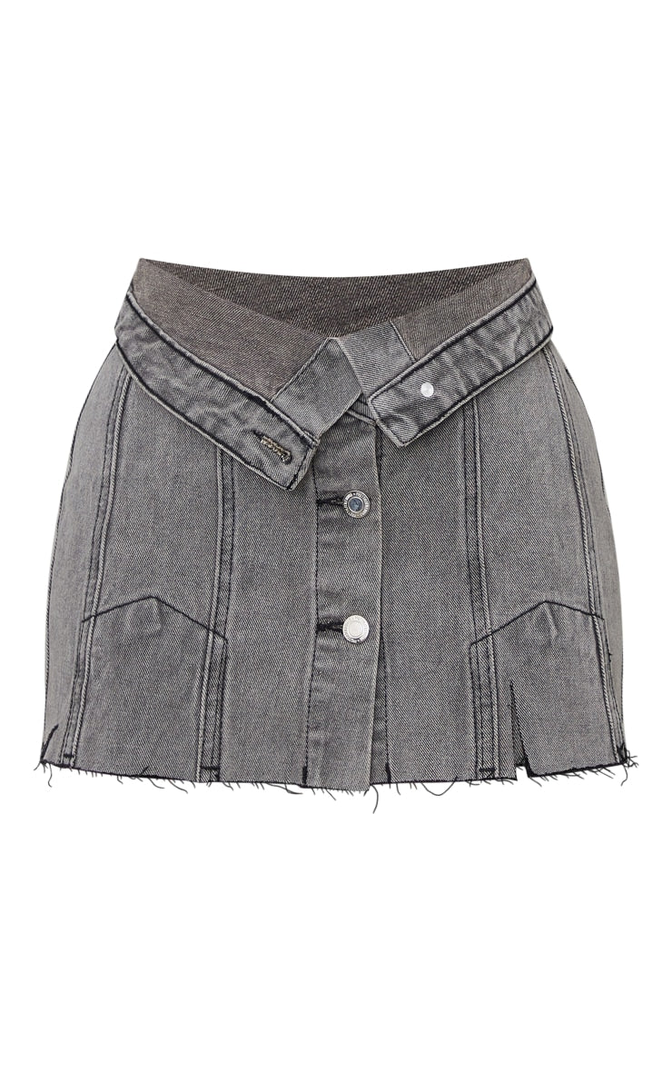 Petite Grey Distressed Denim Foldover Micro Mini Skirt