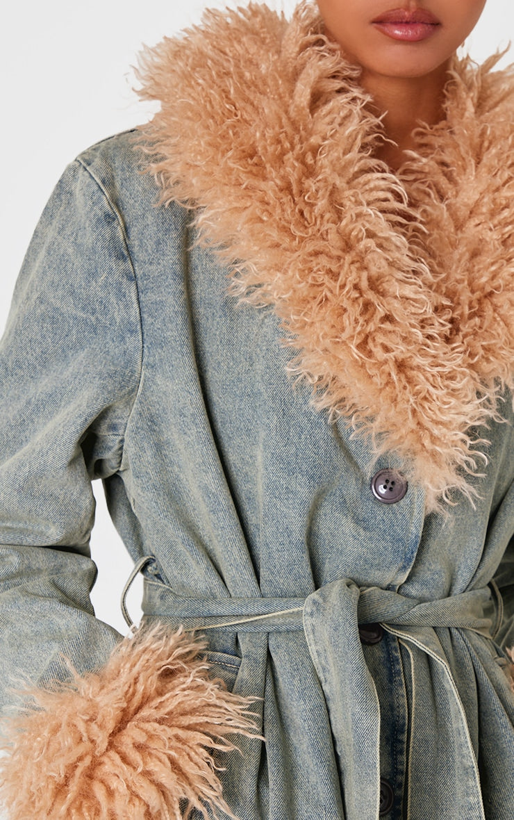 Washed Grey Faux Fur Trim Belted Trench Coat