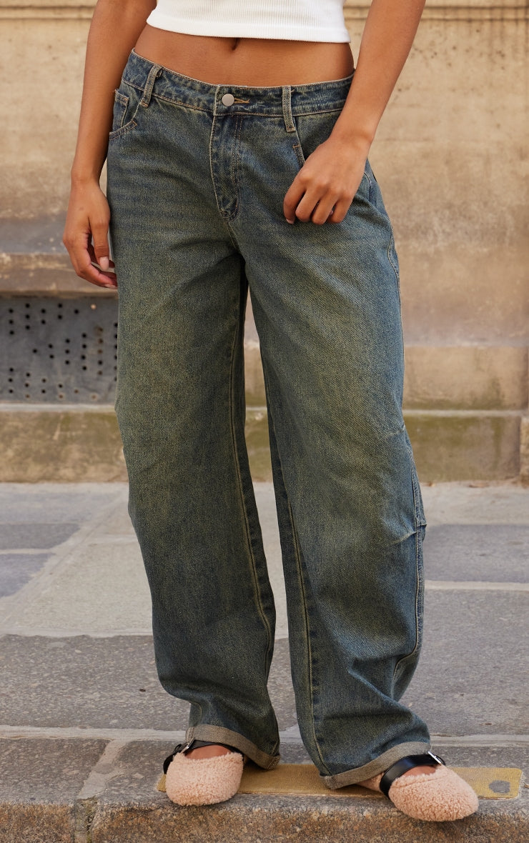 Mid Blue Wash Turn Up Hem Barrel Style Jeans