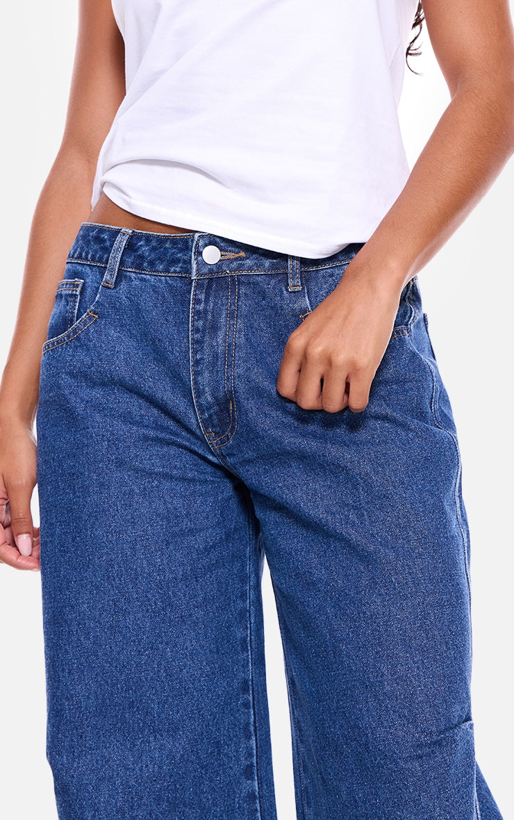 Mid Blue Wash Turn Up Hem Barrel Style Jeans