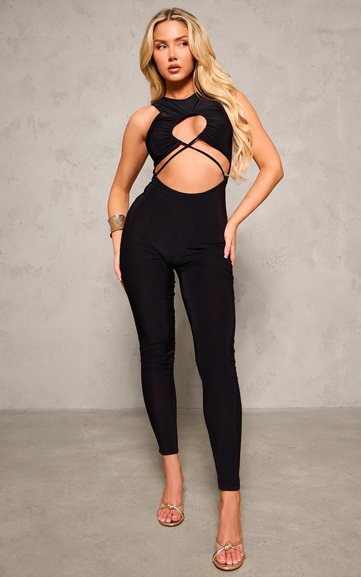 Chocolate Slinky Twist Front Racer Neck Jumpsuit