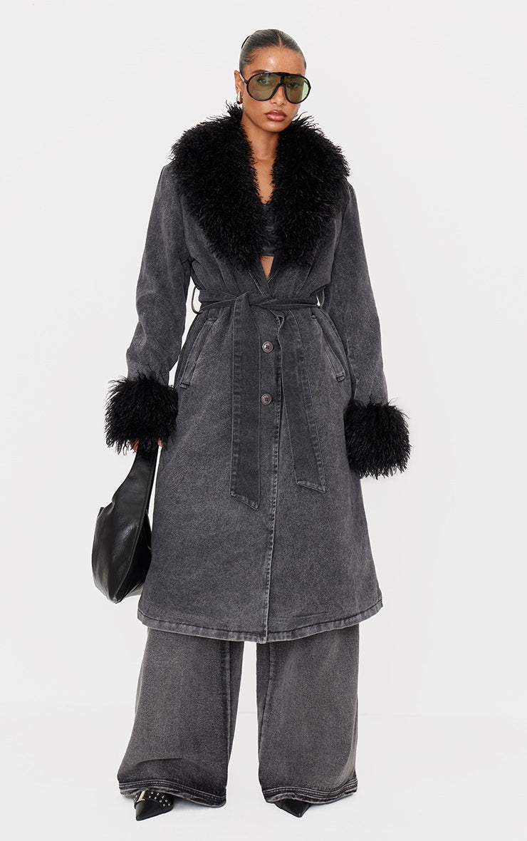 Washed Grey Faux Fur Trim Belted Trench Coat