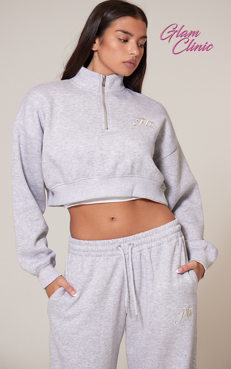 Grey Marl Tonal Embroidered Cropped Half Zip Sweatshirt