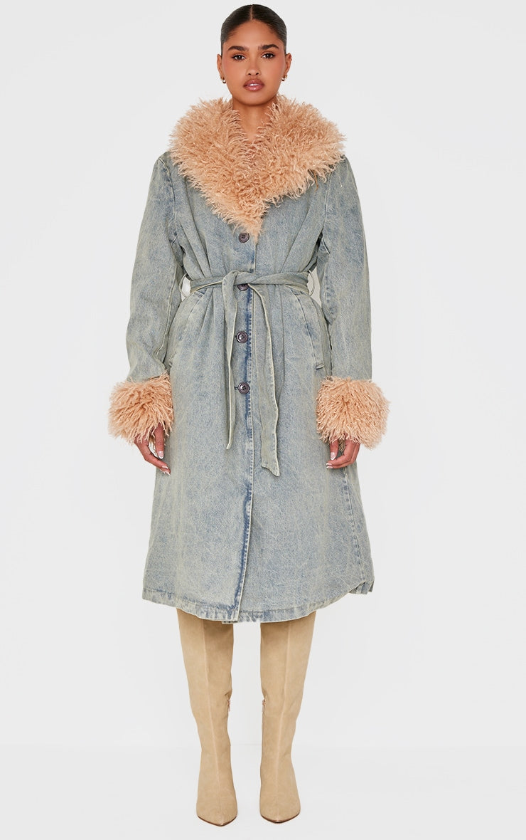 Washed Grey Faux Fur Trim Belted Trench Coat