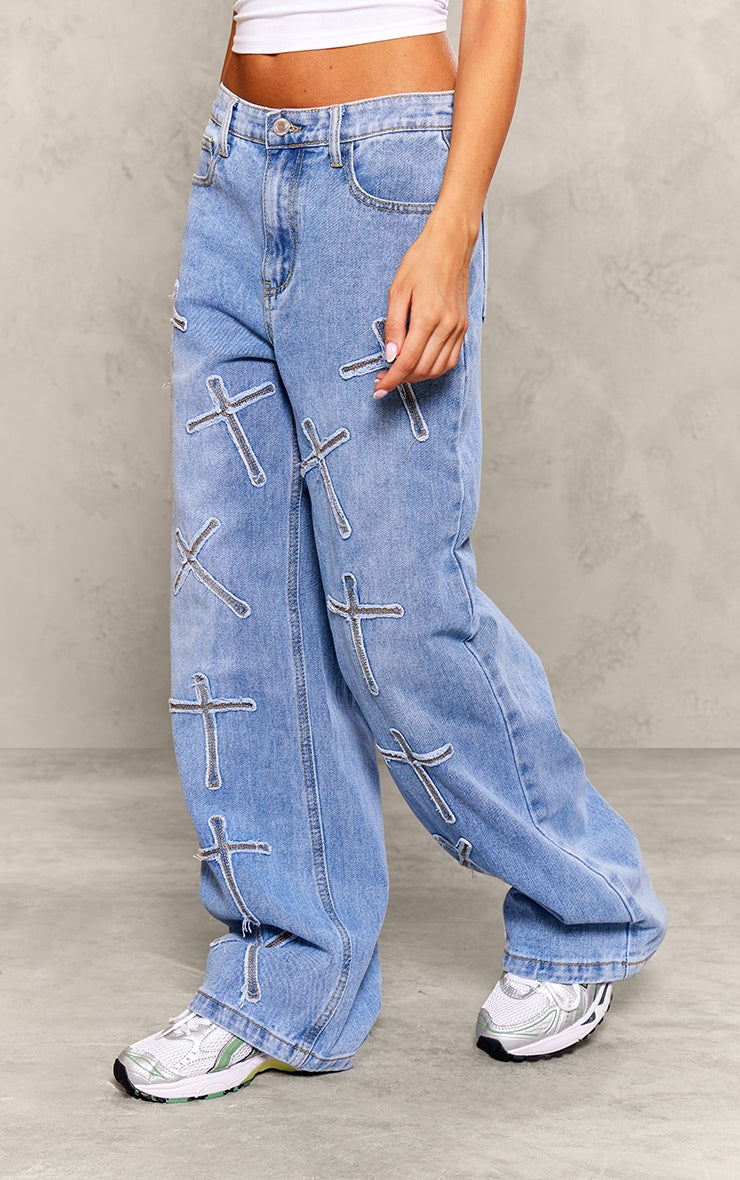 Petite Light Blue Distressed Cross Detail Straight Leg Denim Jeans