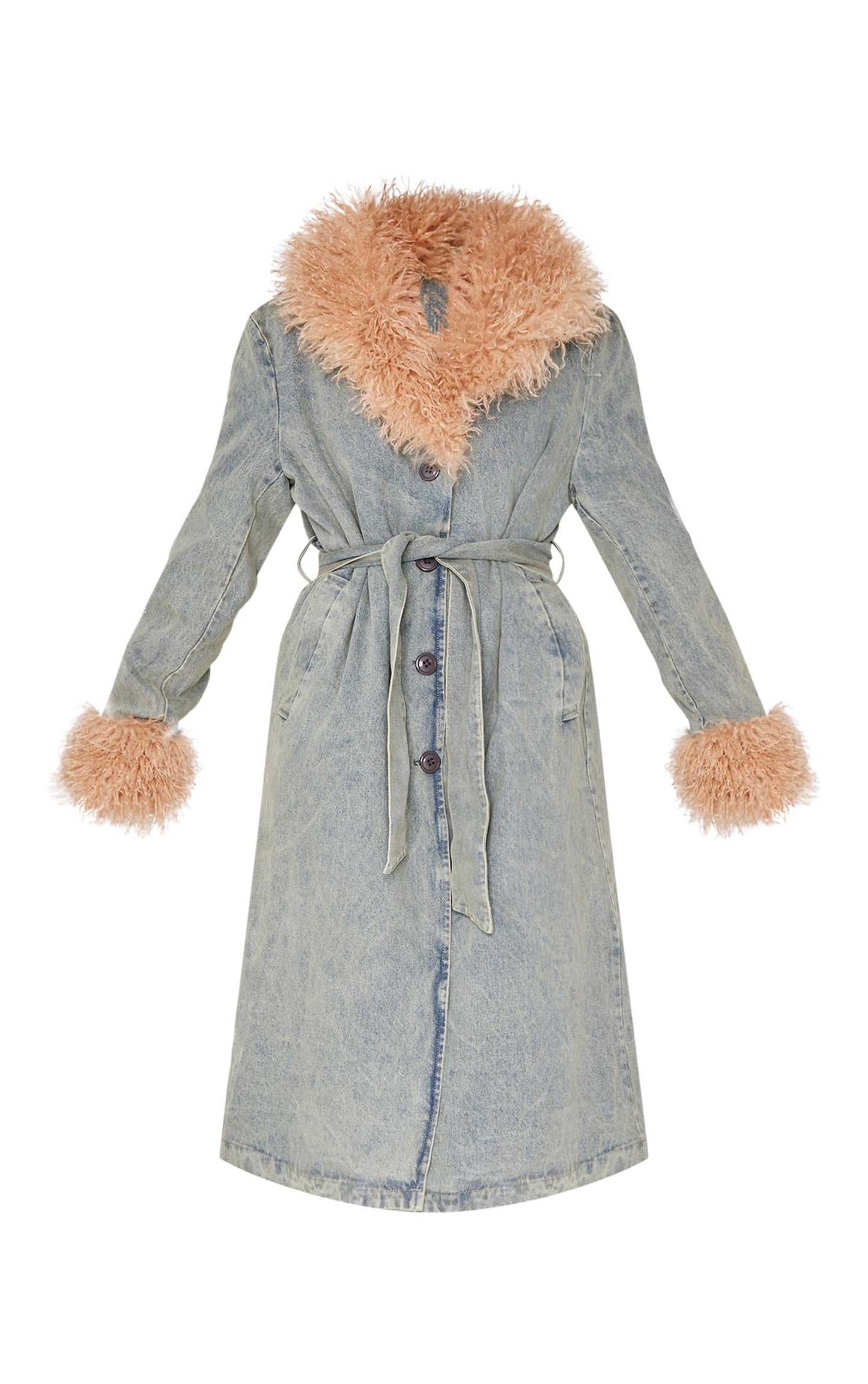 Washed Grey Faux Fur Trim Belted Trench Coat