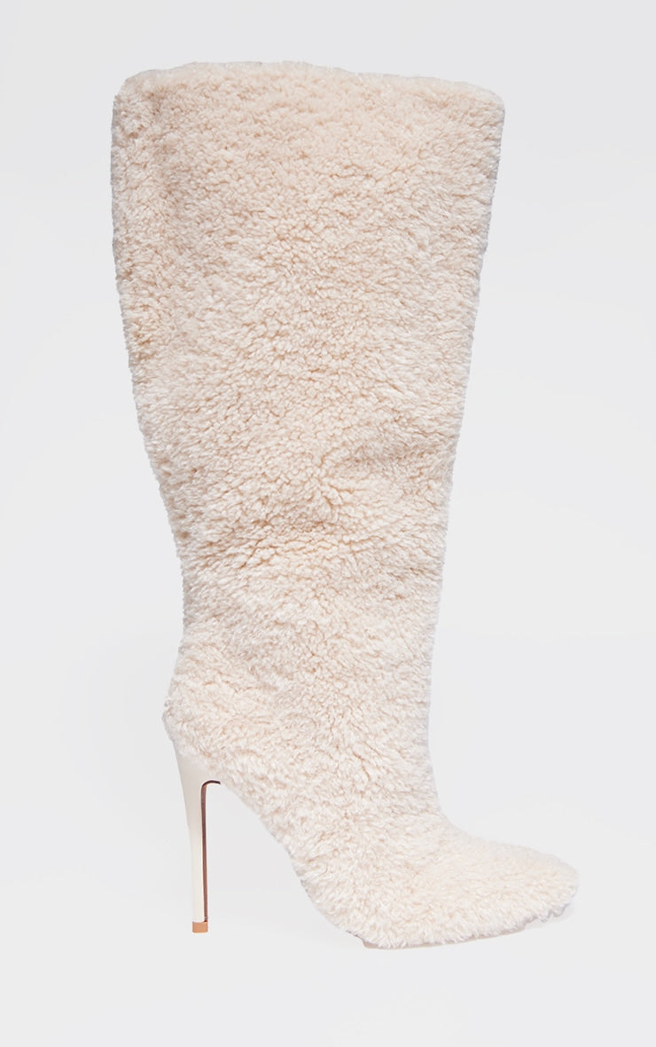 Cream Borg Point Toe High Stiletto Knee High Boots