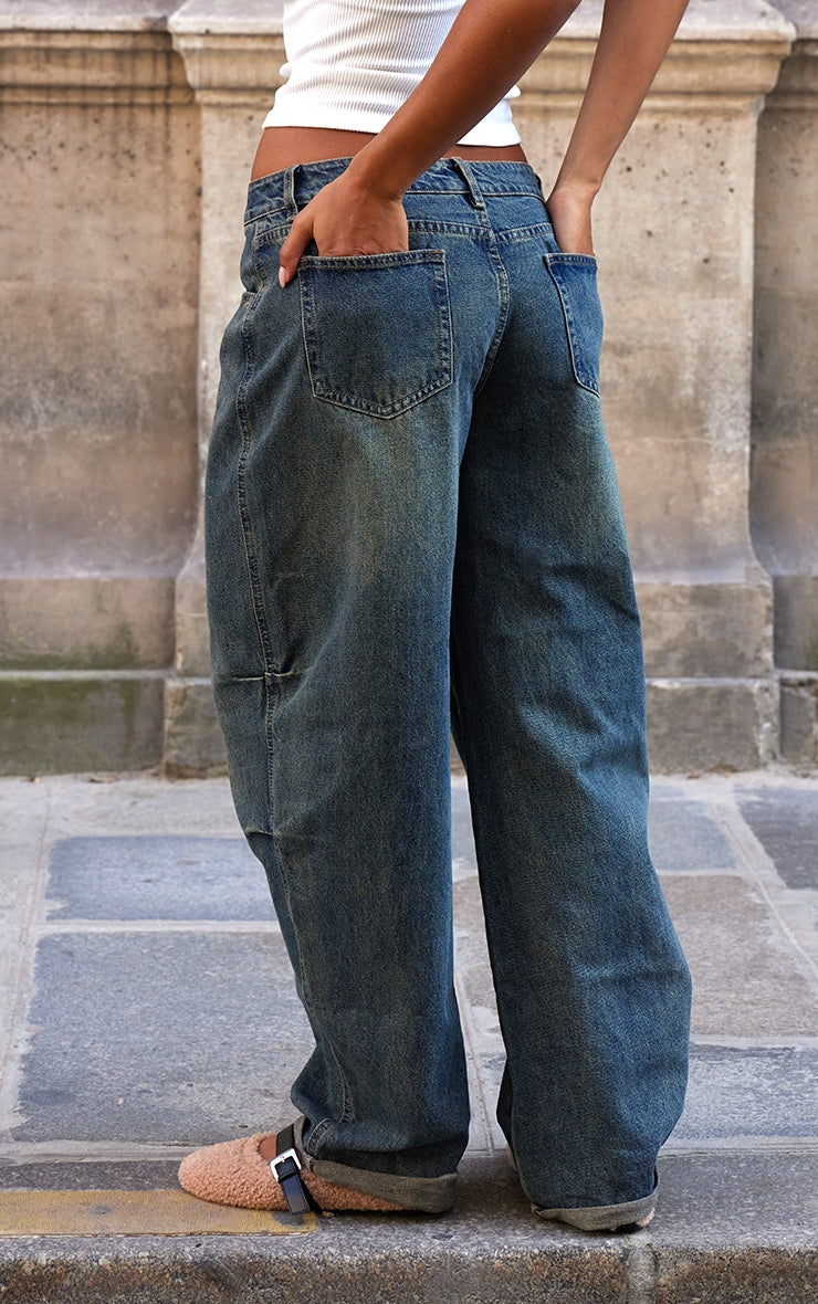Mid Blue Wash Turn Up Hem Barrel Style Jeans