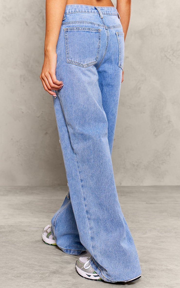 Petite Light Blue Distressed Cross Detail Straight Leg Denim Jeans