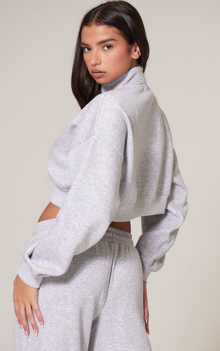 Grey Marl Tonal Embroidered Cropped Half Zip Sweatshirt