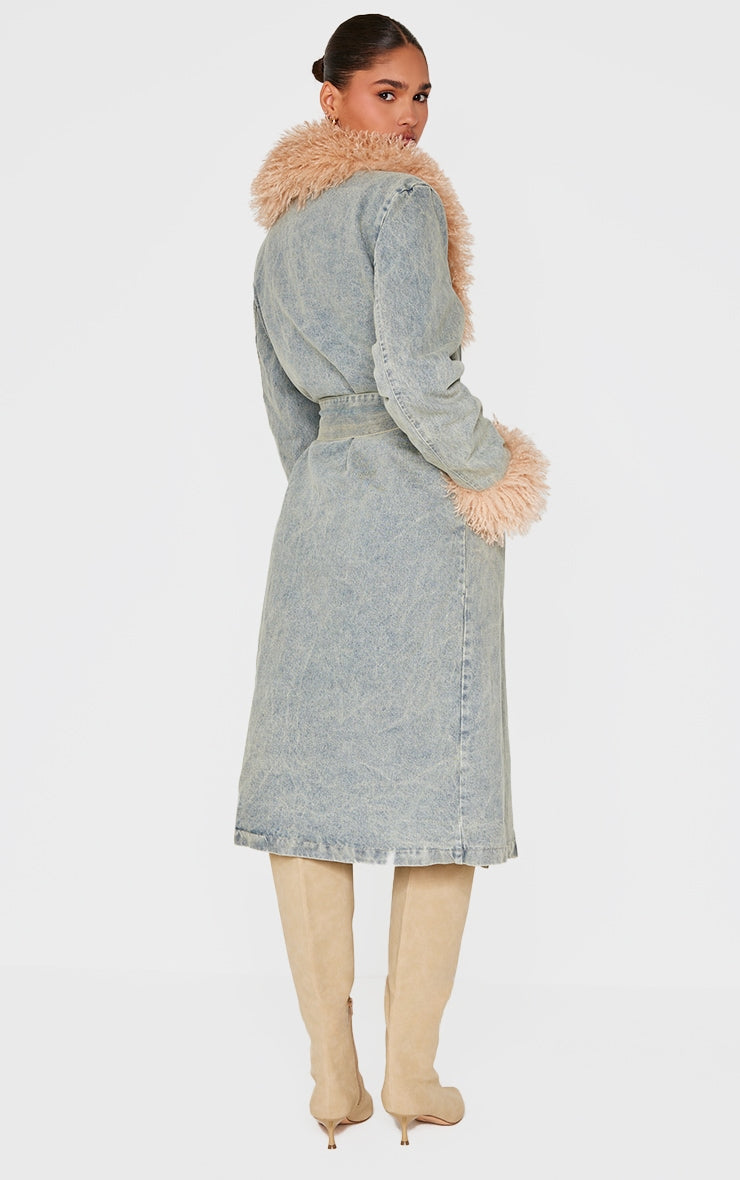 Washed Grey Faux Fur Trim Belted Trench Coat