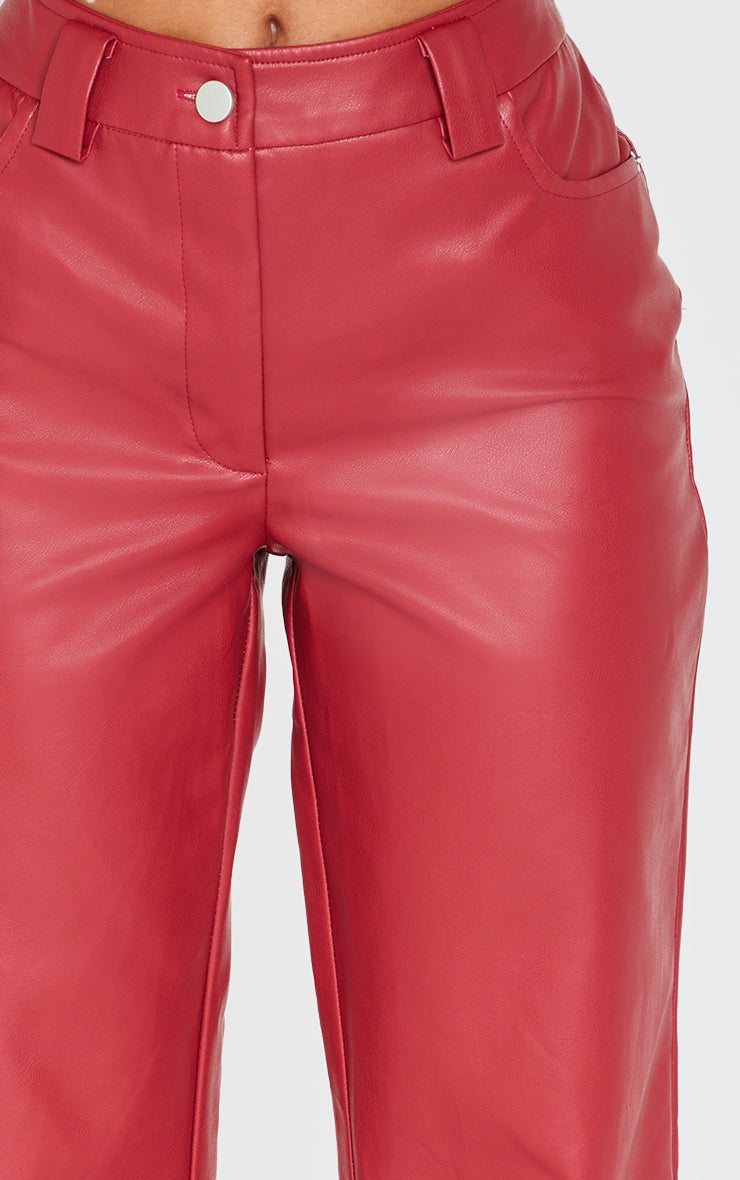 Petite Dark Red Faux Leather Flared Trousers