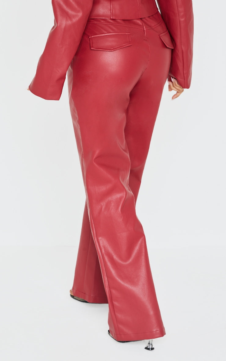 Petite Dark Red Faux Leather Flared Trousers