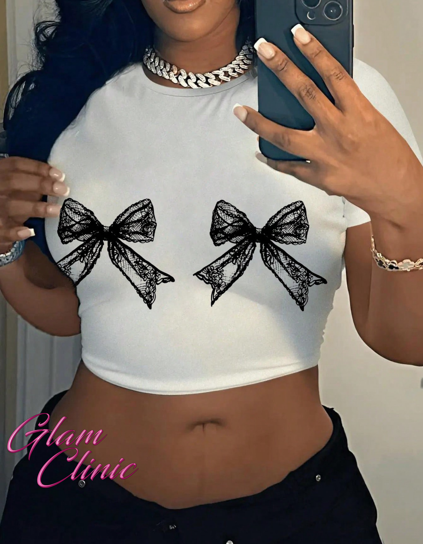 Lace Bow Print Crop Top